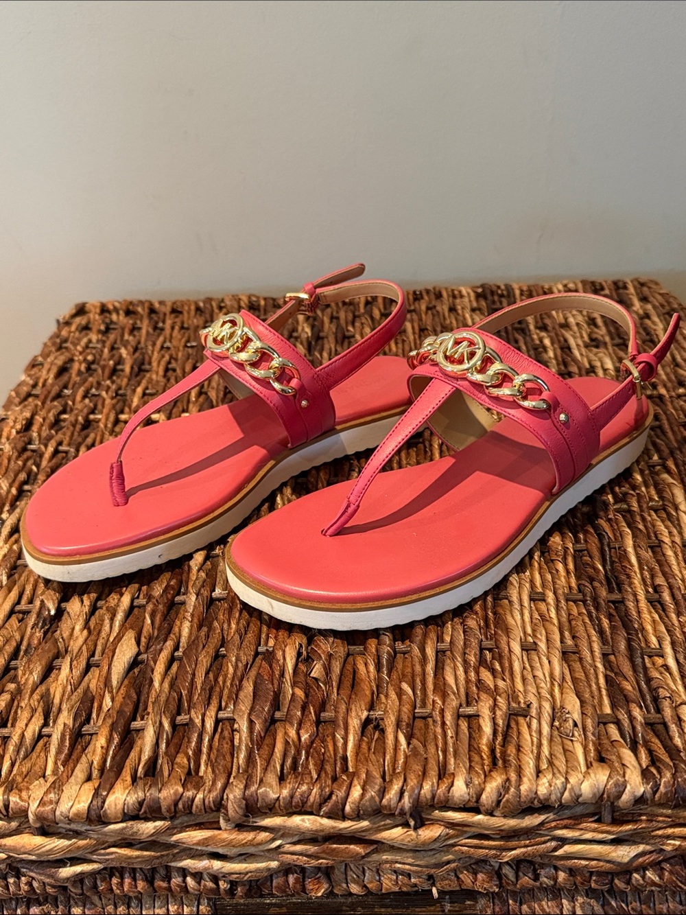 Michael Kors Coral Pink Chain-Trim Slingback Sandals